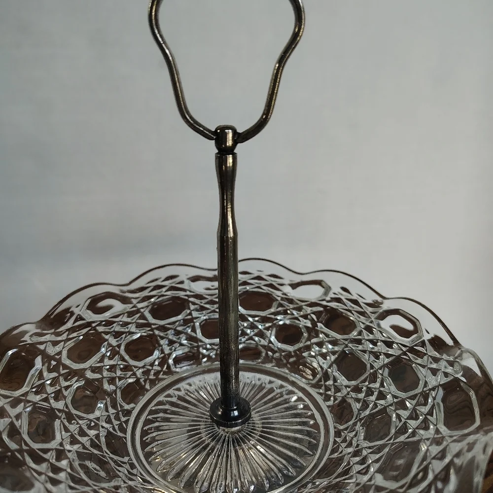 Glass Tidbit Tray Candy Dish W Silver Plated Handle England Jewelry Display Dish